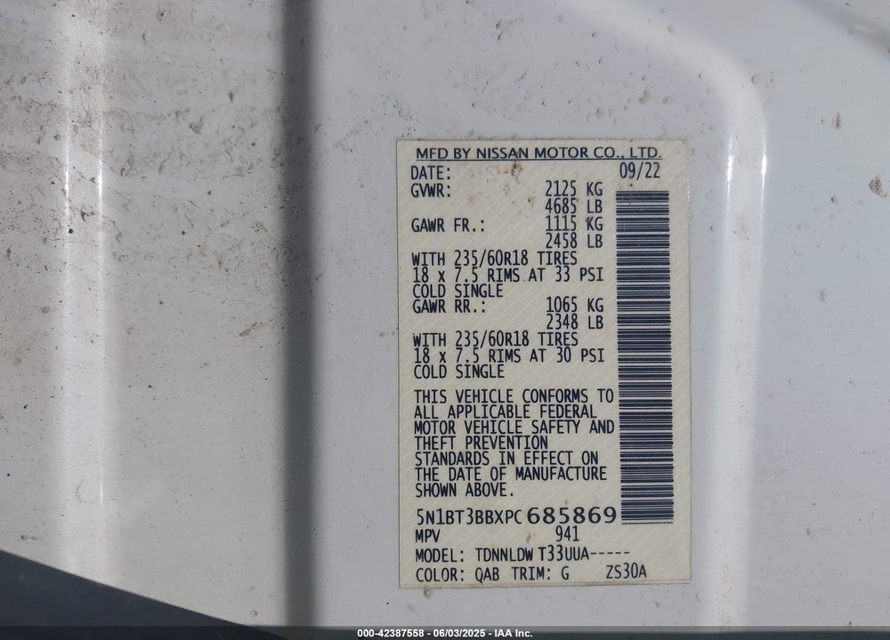 2023 NISSAN ROGUE VIN: 5N1BT3BBXPC685869