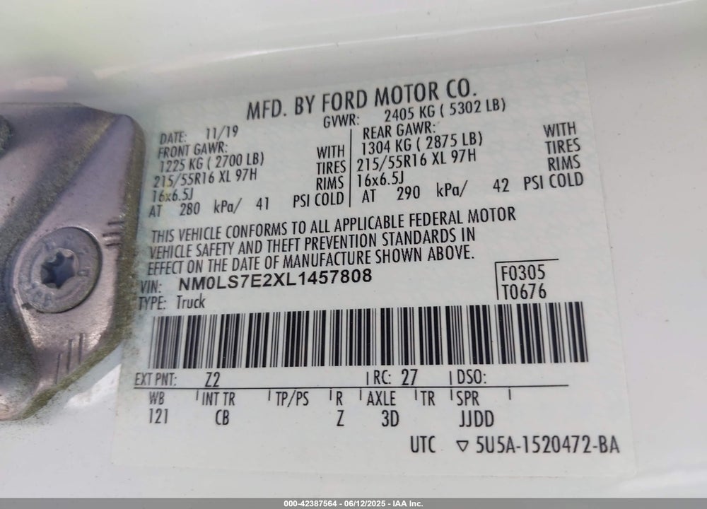 2020 FORD TRANSIT CONNECT XL CARGO VAN VIN: NM0LS7E2XL1457808