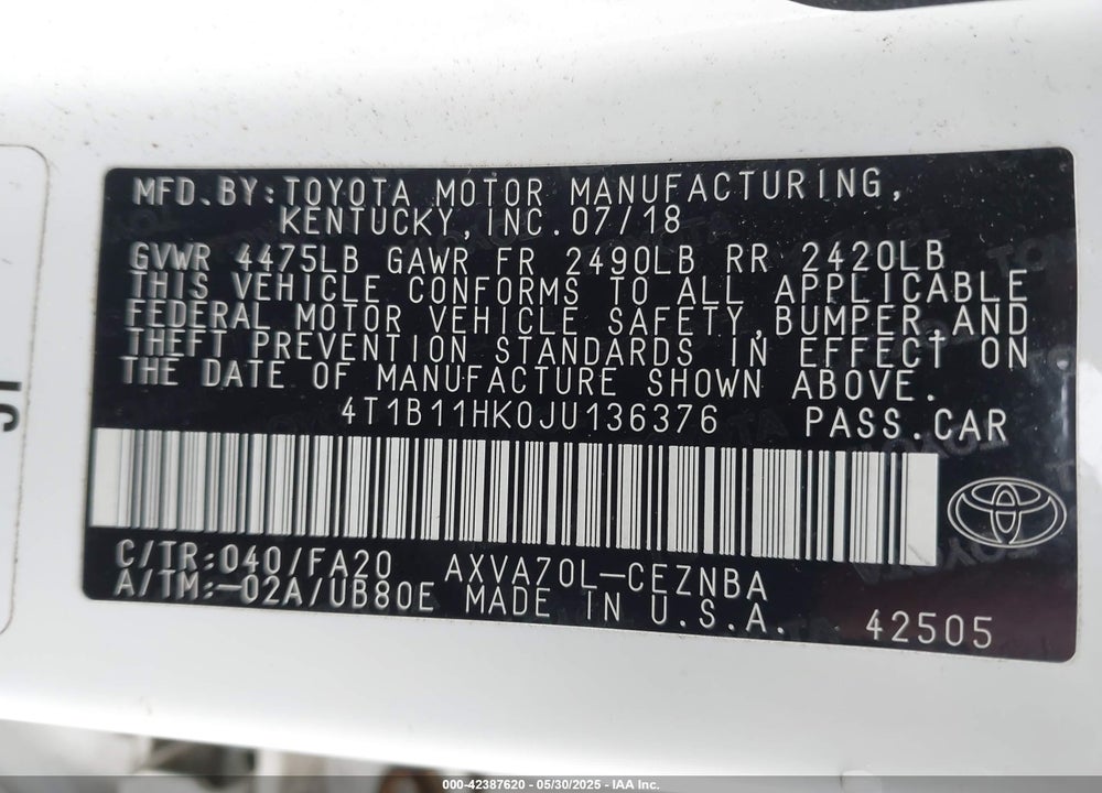2018 TOYOTA CAMRY VIN: 4T1B11HK0JU136376