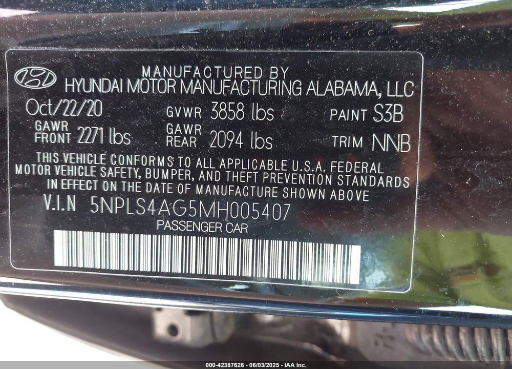 2021 HYUNDAI ELANTRA SEL VIN: 5NPLS4AG5MH005407