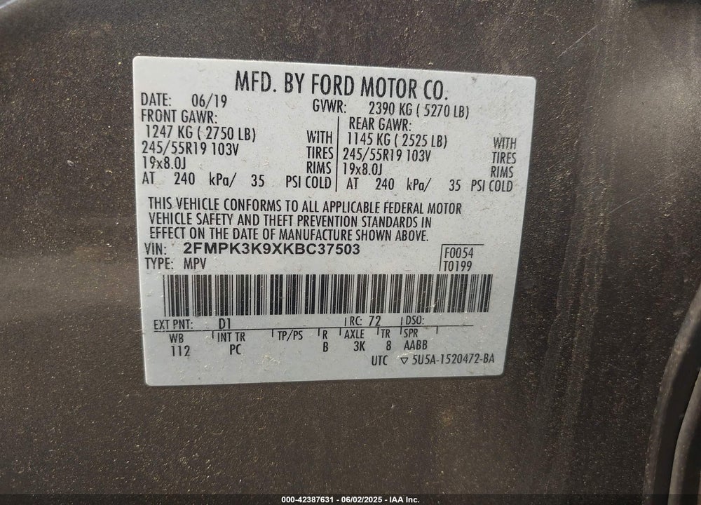 2019 FORD EDGE VIN: 2FMPK3K9XKBC37503