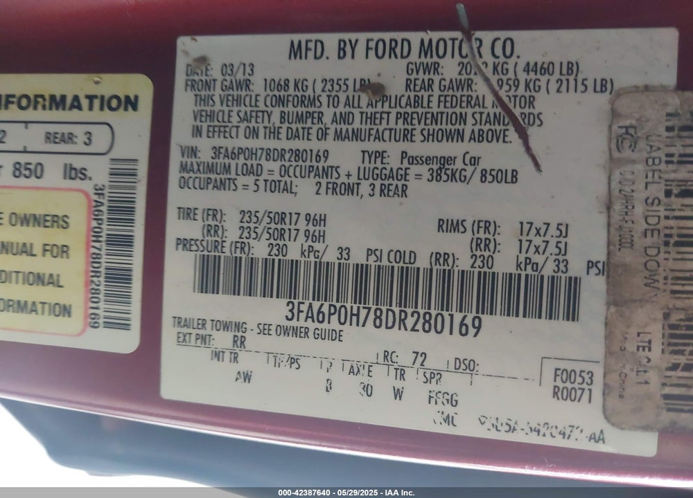 2013 FORD FUSION VIN: 3FA6P0H78DR280169