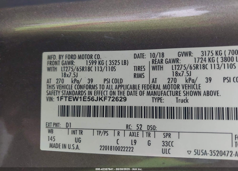 2018 FORD F-150 VIN: 1FTEW1E56JKF72629
