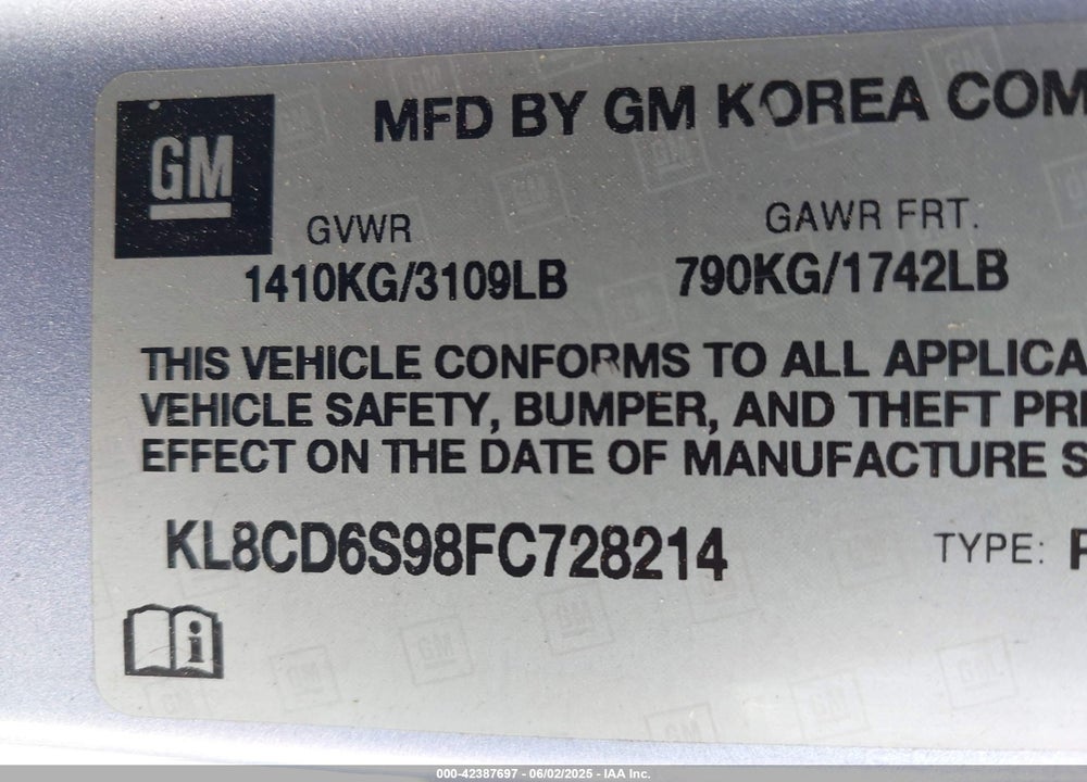 2015 CHEVROLET SPARK VIN: KL8CD6S98FC728214