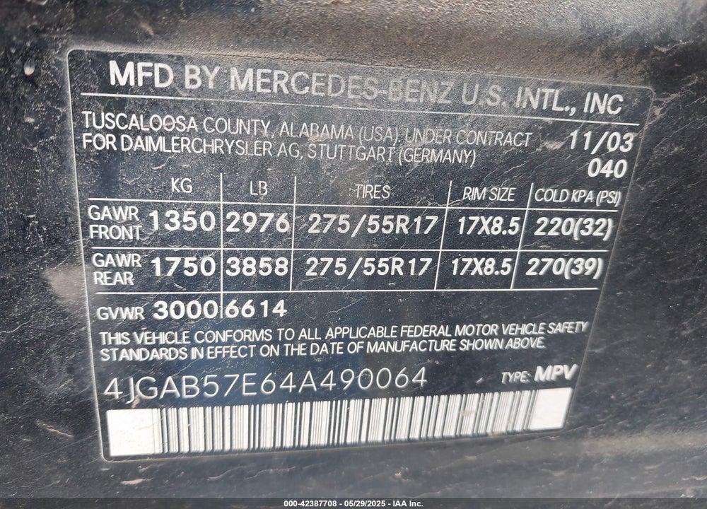 2004 MERCEDES-BENZ ML 350 VIN: 4JGAB57E64A490064