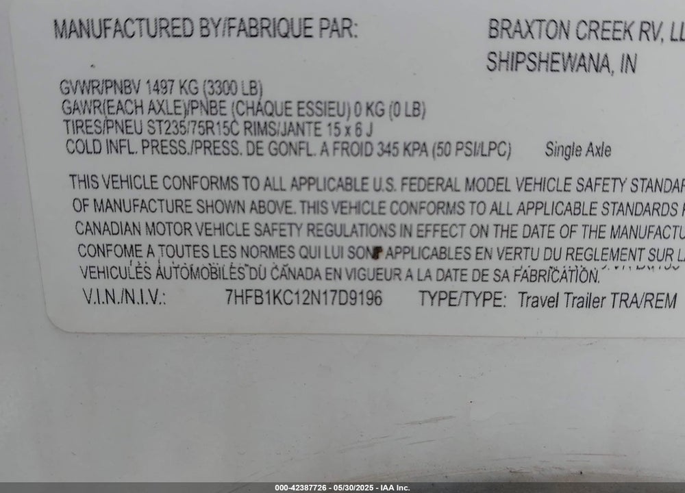 2022 BRAXTON CREEK BUSHWHACKER VIN: 7HFB1KC12N17D9196