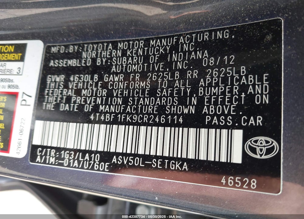 2012 TOYOTA CAMRY L/LE/SE/SE LIMITED EDITION/XLE VIN: 4T4BF1FK9CR246114