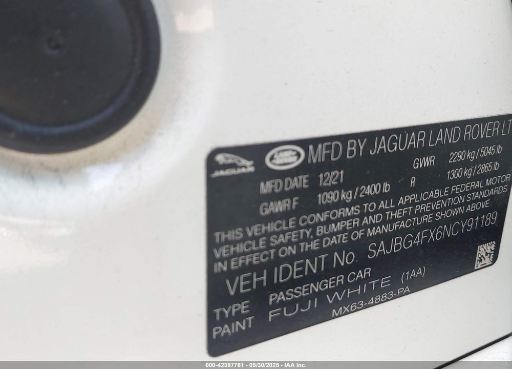 2022 JAGUAR XF VIN: SAJBG4FX6NCY91189