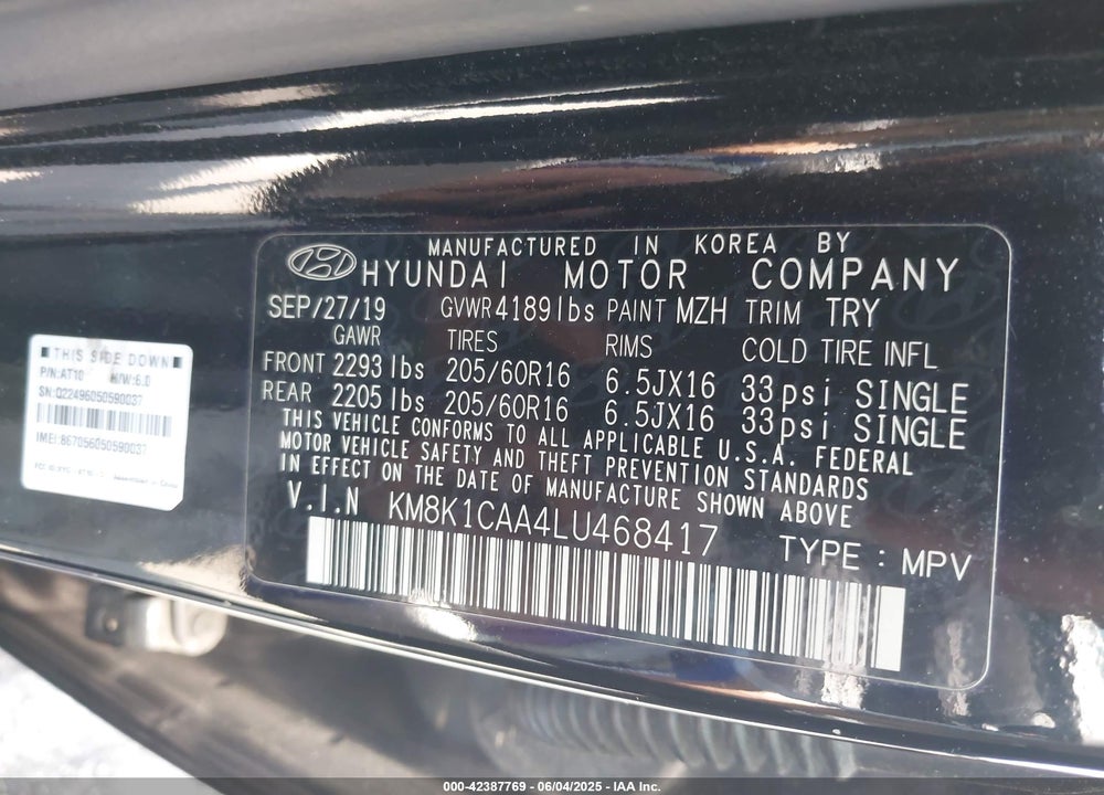 2020 HYUNDAI KONA VIN: KM8K1CAA4LU468417
