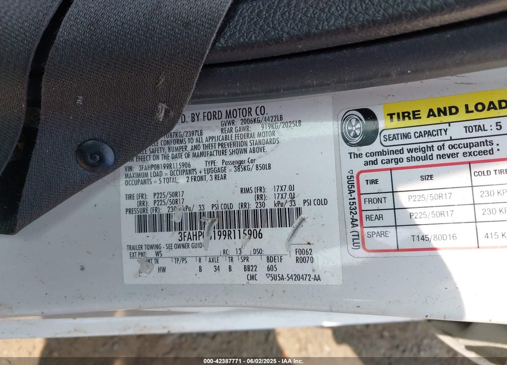 2009 FORD FUSION VIN: 3FAHP08199R115906