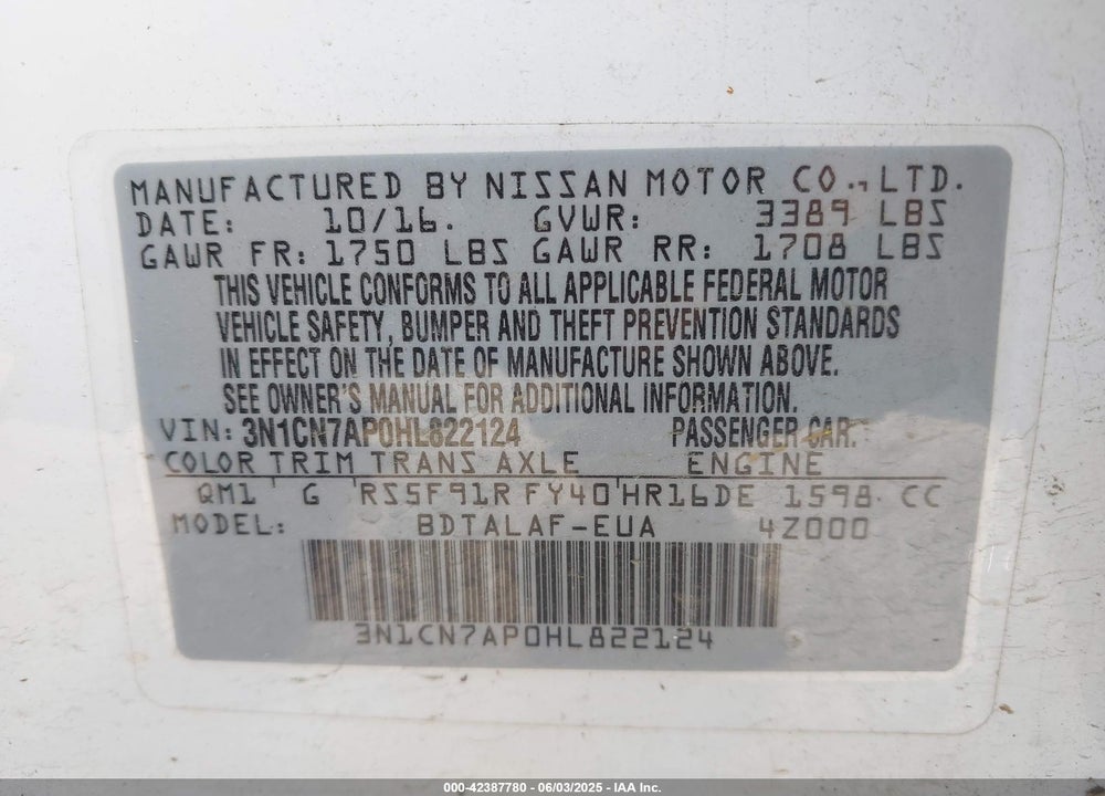 2017 NISSAN VERSA 1.6 S+ VIN: 3N1CN7AP0HL822124