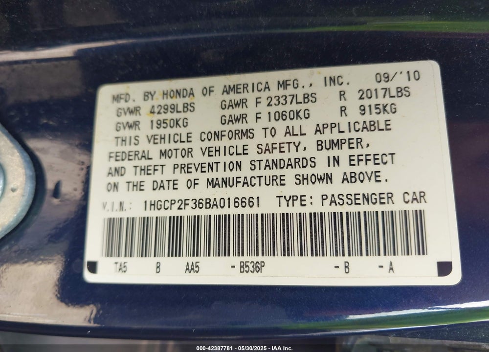 2011 HONDA ACCORD 2.4 LX VIN: 1HGCP2F36BA016661