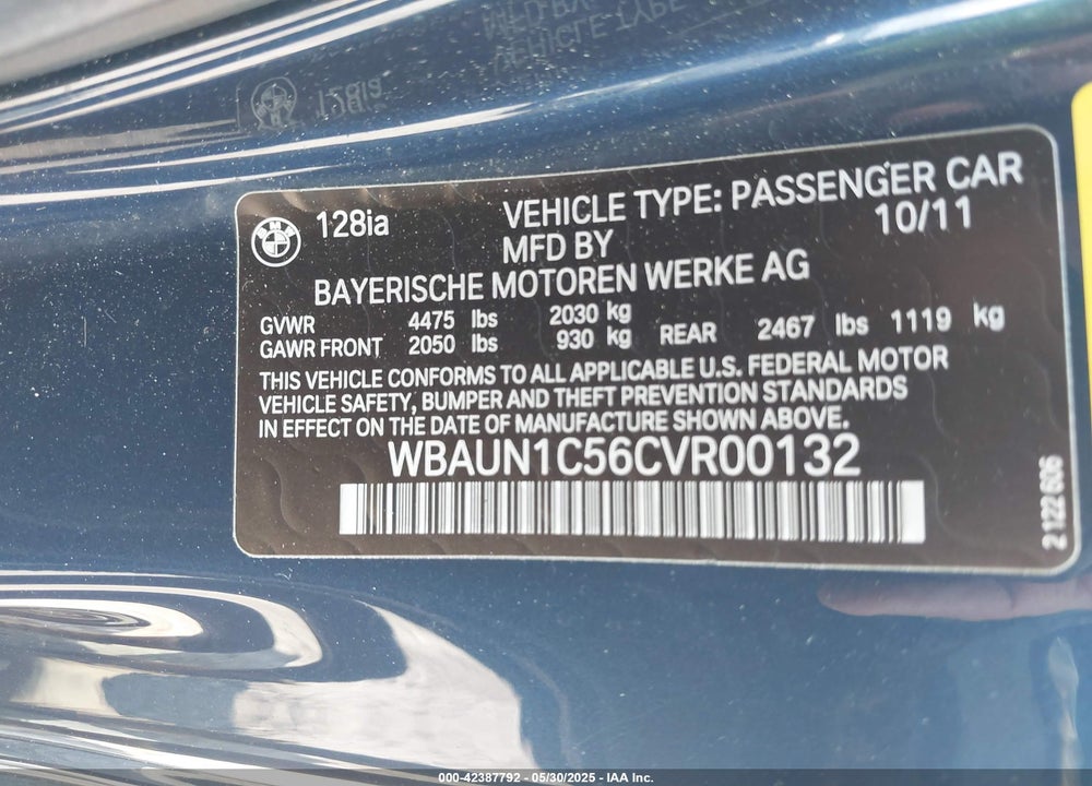 2012 BMW 128I VIN: WBAUN1C56CVR00132