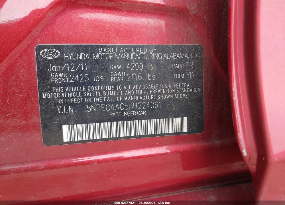 2011 HYUNDAI SONATA VIN: 5NPEC4AC5BH224061