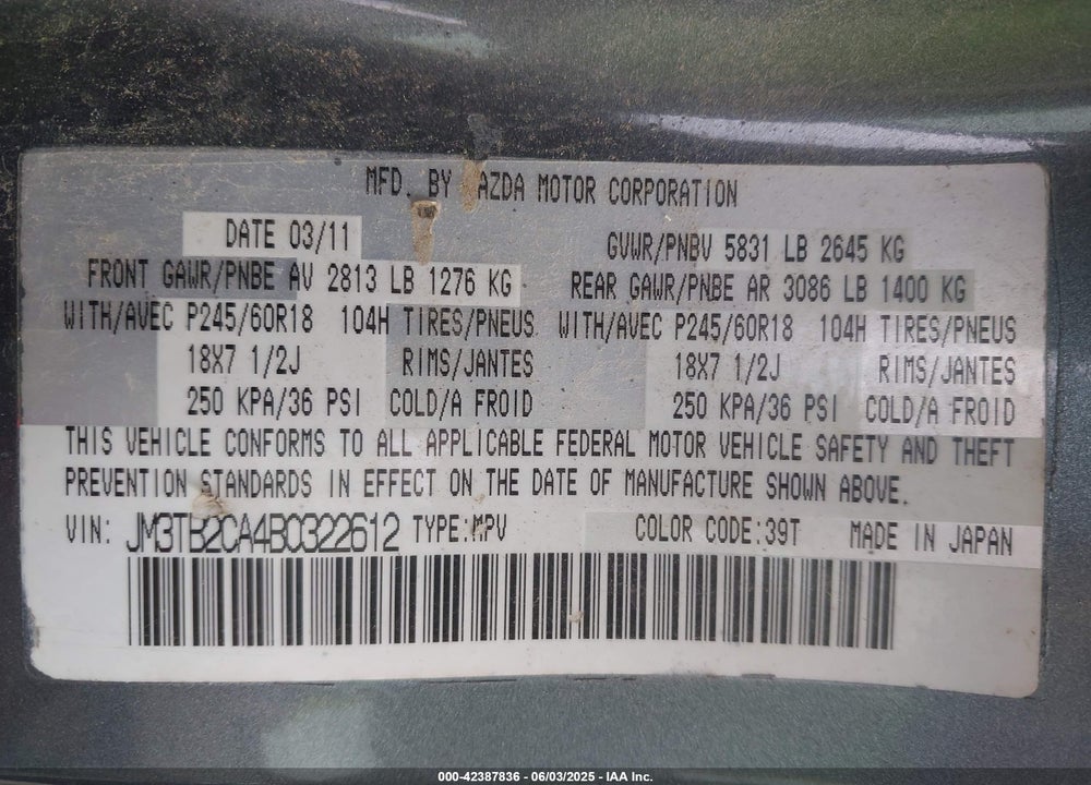 2011 MAZDA CX-9 VIN: JM3TB2CA4B0322612