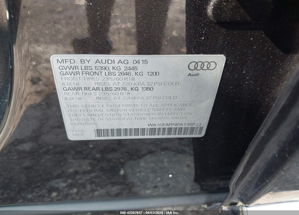 2015 AUDI Q5 2.0T PREMIUM VIN: WA1CFAFP4FA138823