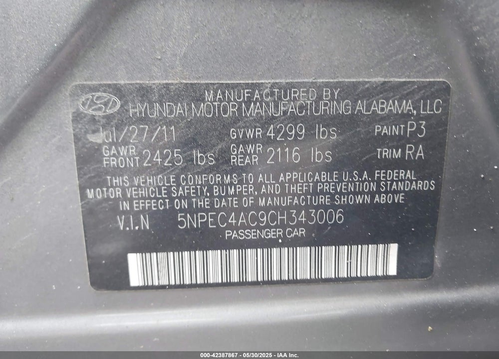 2012 HYUNDAI SONATA LIMITED VIN: 5NPEC4AC9CH343006