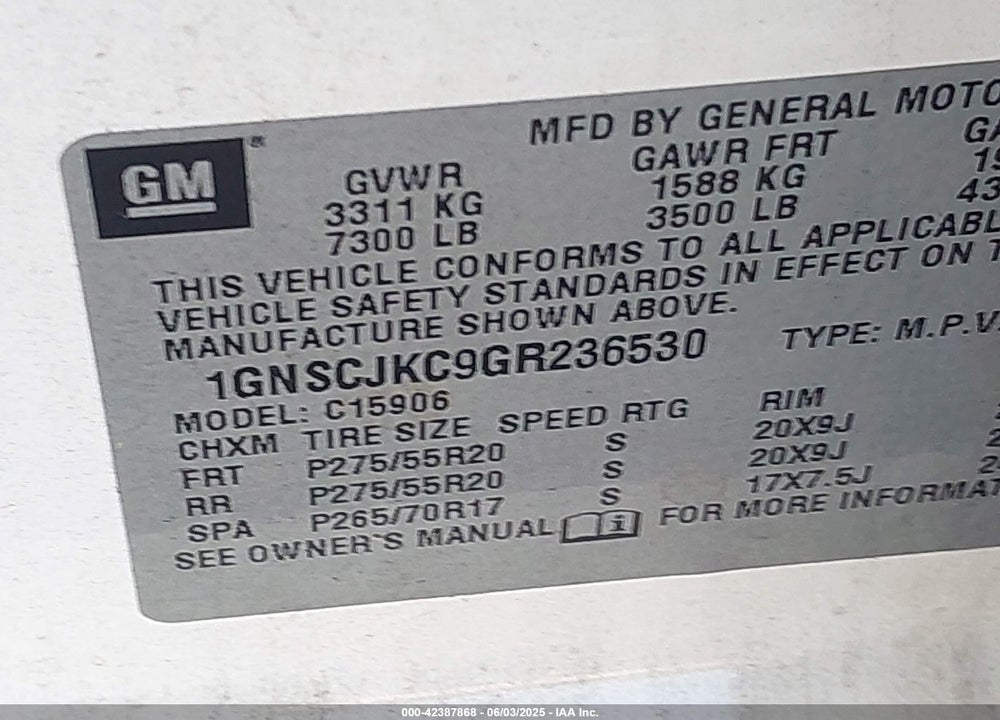 2016 CHEVROLET SUBURBAN VIN: 1GNSCJKC9GR236530