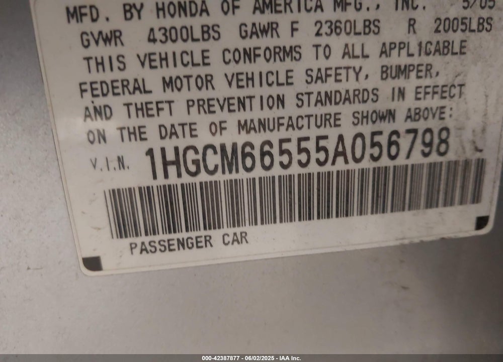 2005 HONDA ACCORD 3.0 EX VIN: 1HGCM66555A056798