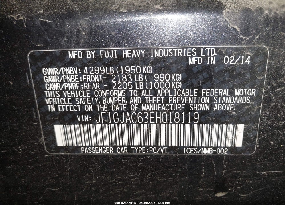2014 SUBARU IMPREZA VIN: JF1GJAC63EH018119