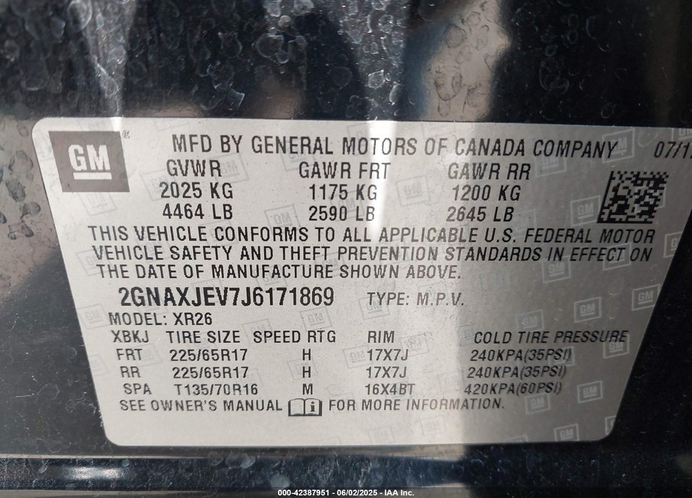 2018 CHEVROLET EQUINOX VIN: 2GNAXJEV7J6171869