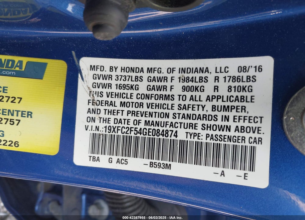 2016 HONDA CIVIC LX VIN: 19XFC2F54GE084874