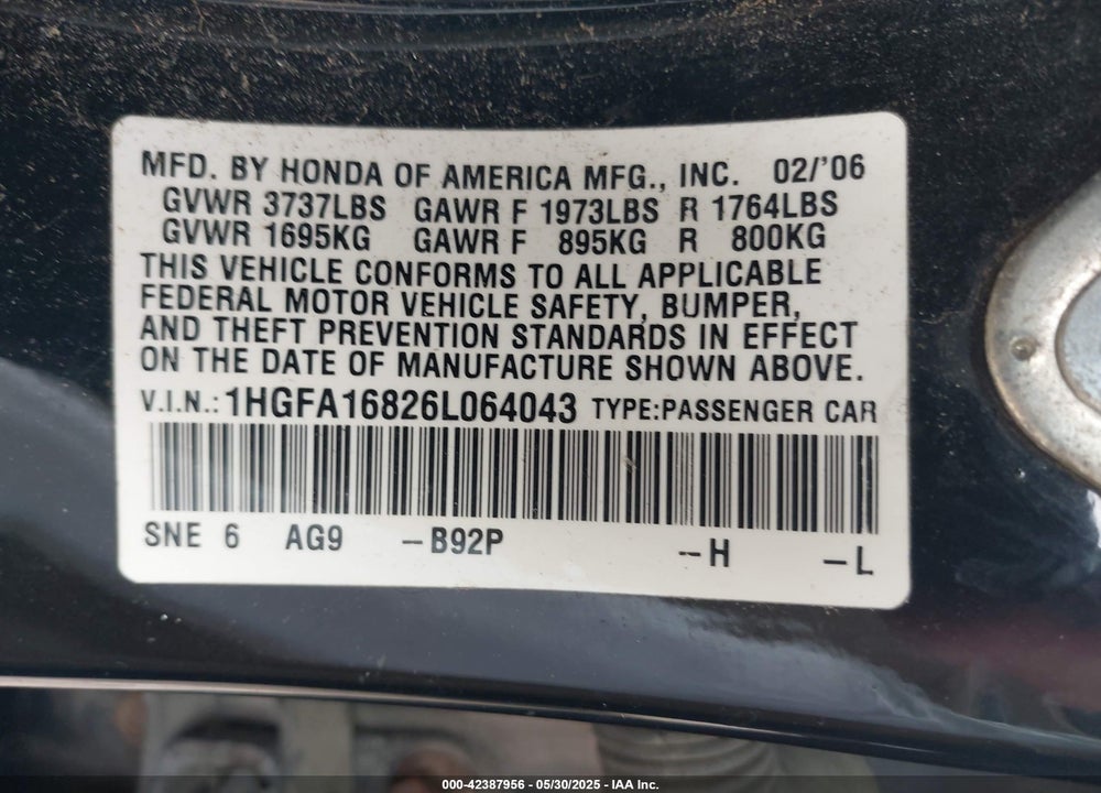 2006 HONDA CIVIC VIN: 1HGFA16826L064043