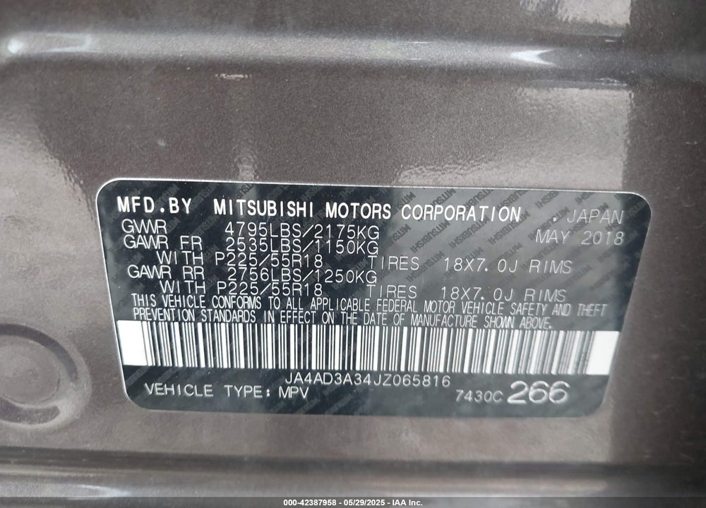 2018 MITSUBISHI OUTLANDER VIN: JA4AD3A34JZ065816
