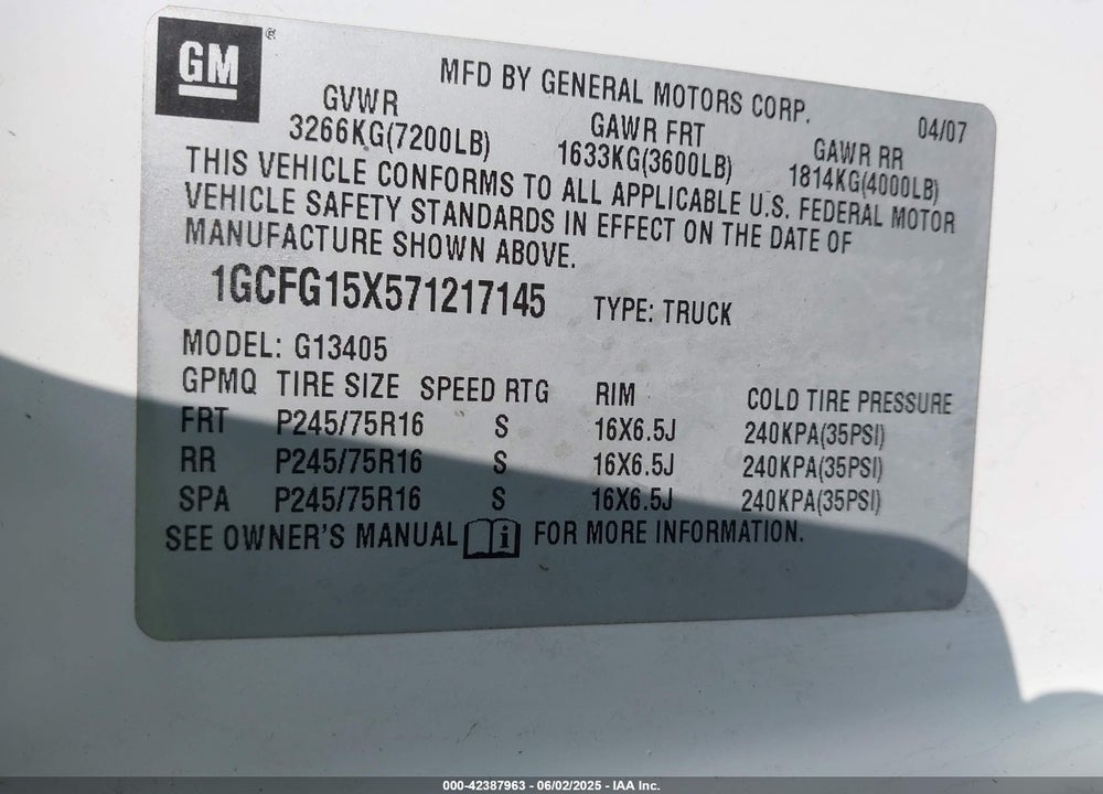 2007 CHEVROLET EXPRESS VIN: 1GCFG15X571217145