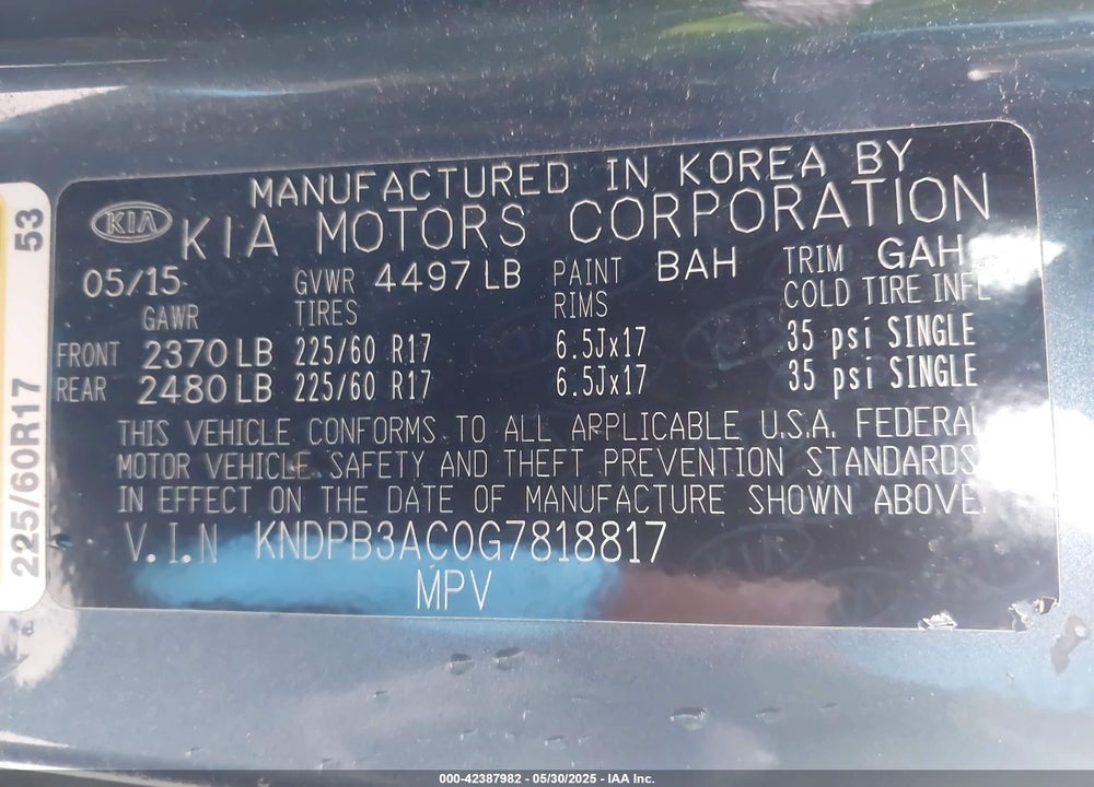 2016 KIA SPORTAGE VIN: KNDPB3AC0G7818817