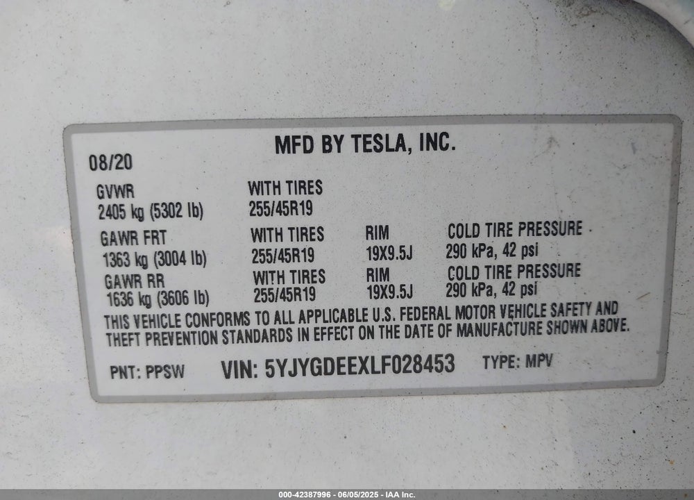 2020 TESLA MODEL Y LONG RANGE VIN: 5YJYGDEEXLF028453