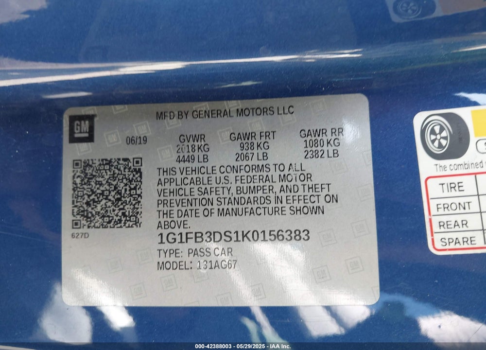 2019 CHEVROLET CAMARO VIN: 1G1FB3DS1K0156383