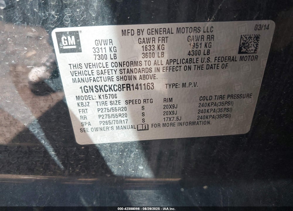 2015 CHEVROLET TAHOE VIN: 1GNSKCKC8FR141163