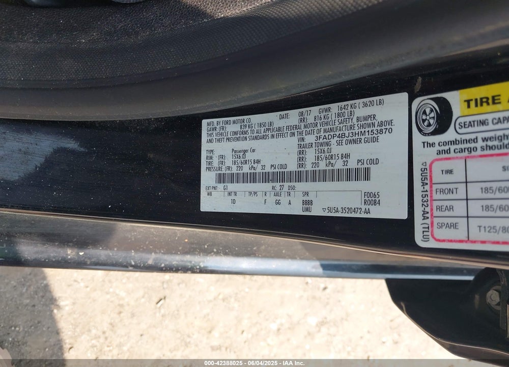 2017 FORD FIESTA VIN: 3FADP4BJ3HM153870
