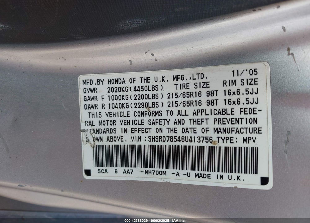 2006 HONDA CR-V VIN: SHSRD78546U413756