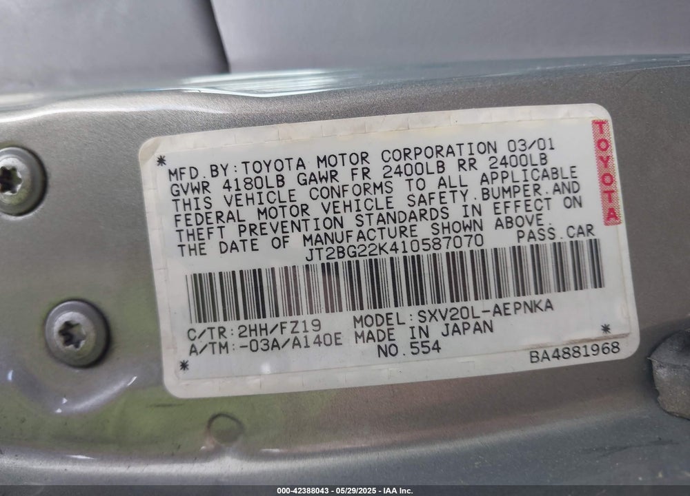 2001 TOYOTA CAMRY LE VIN: JT2BG22K410587070