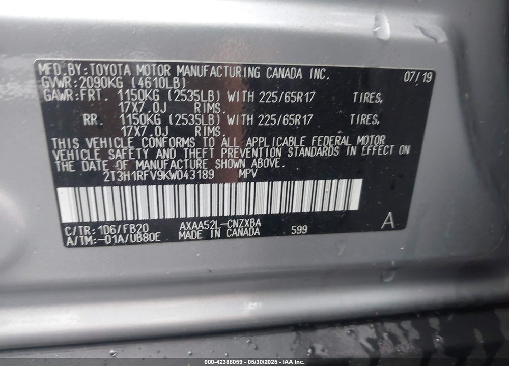 2019 TOYOTA RAV4 VIN: 2T3H1RFV9KW043189