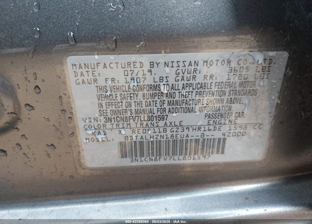 2020 NISSAN VERSA SR XTRONIC CVT VIN: 3N1CN8FV7LL801597