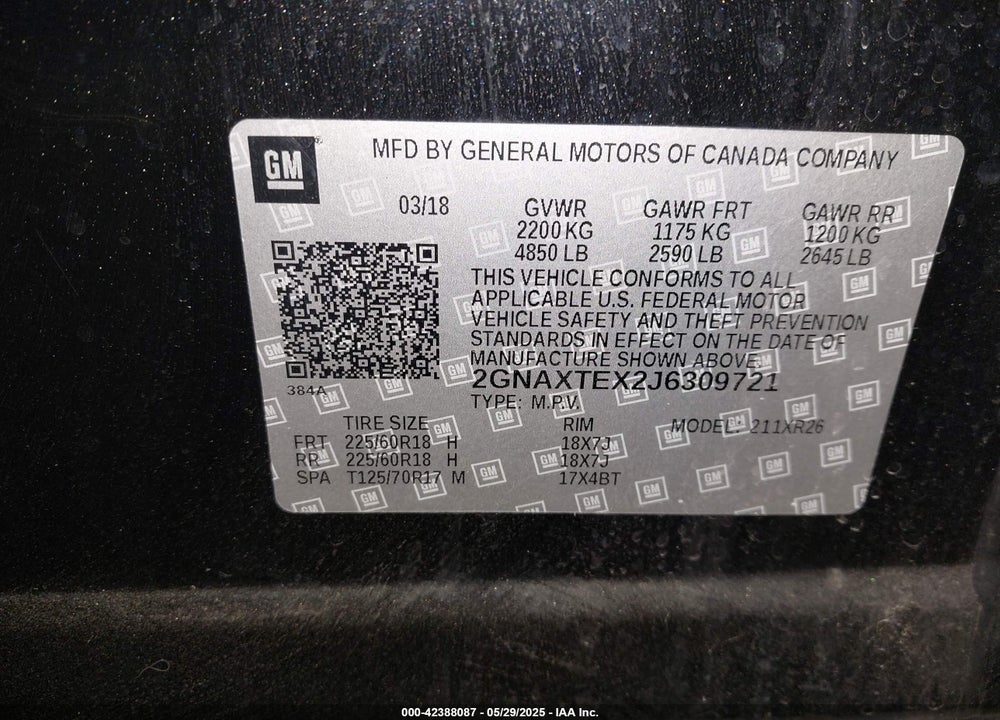2018 CHEVROLET EQUINOX LT VIN: 2GNAXTEX2J6309721
