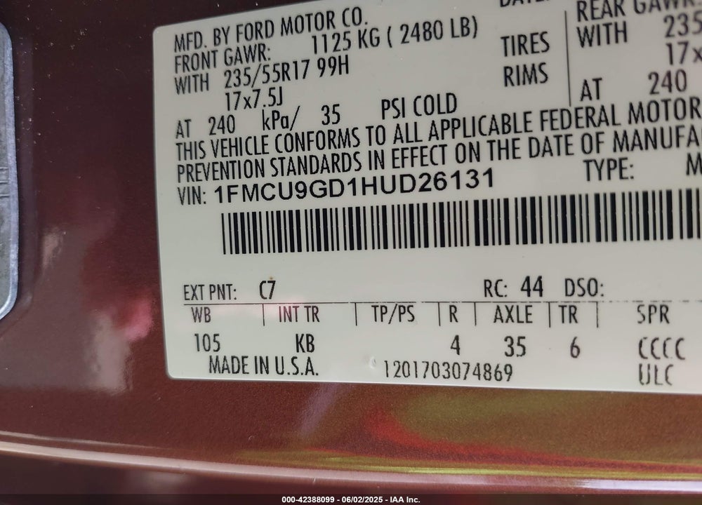 2017 FORD ESCAPE SE VIN: 1FMCU9GD1HUD26131