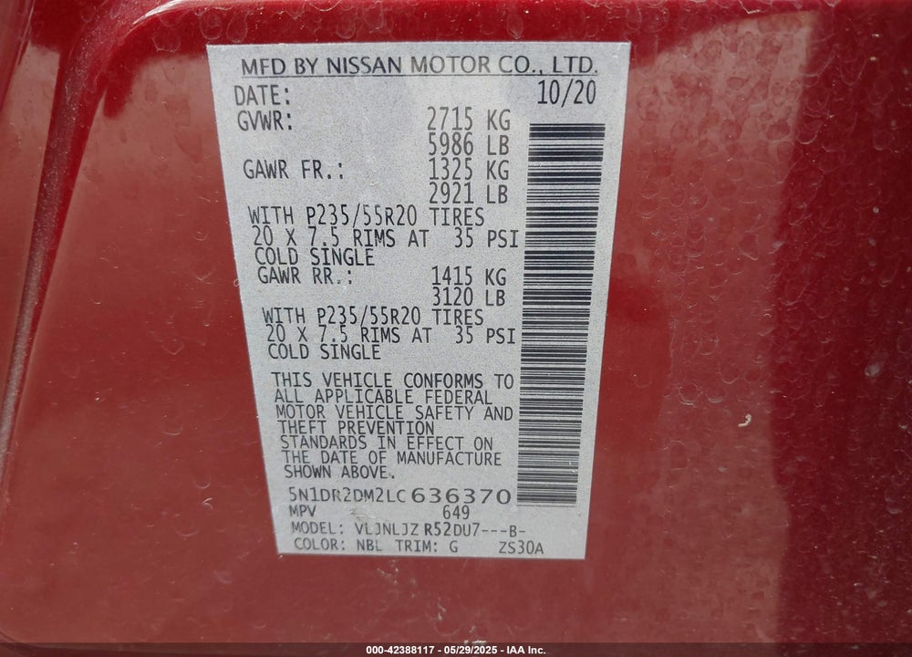 2020 NISSAN PATHFINDER PLATINUM 4WD VIN: 5N1DR2DM2LC636370