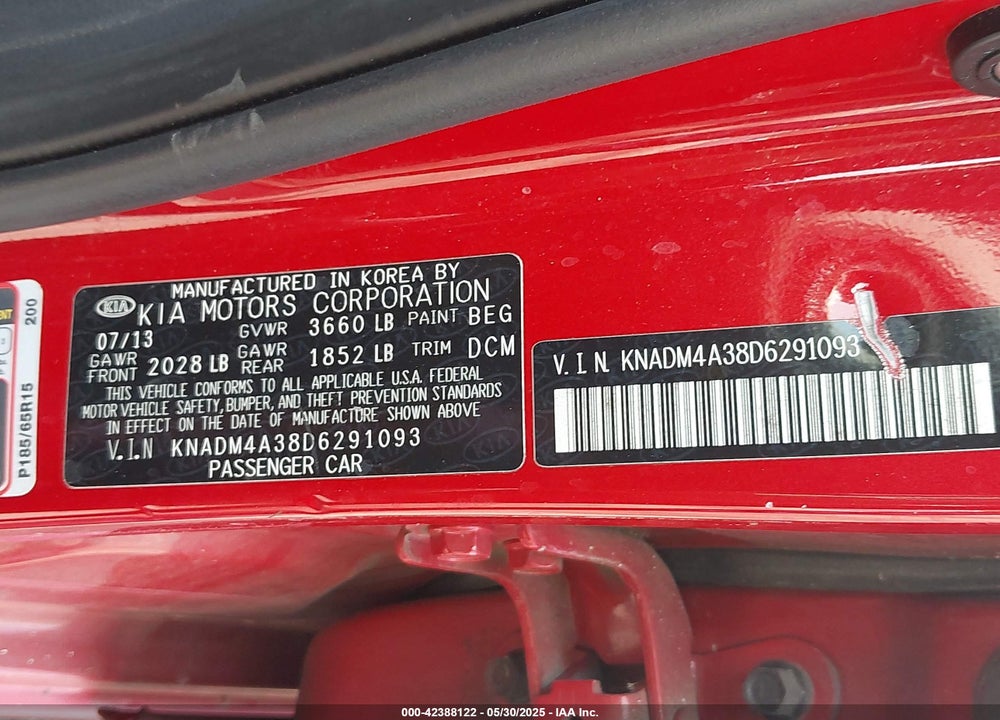 2013 KIA RIO VIN: KNADM4A38D6291093