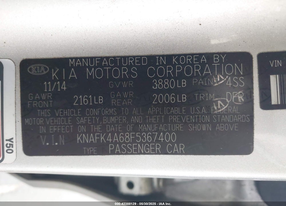 2015 KIA FORTE VIN: KNAFK4A68F5367400