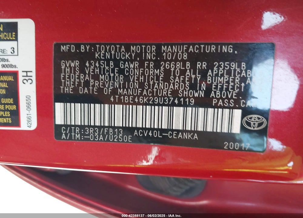 2009 TOYOTA CAMRY VIN: 4T1BE46K29U374119