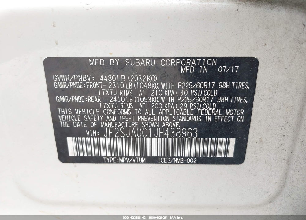 2018 SUBARU FORESTER VIN: JF2SJAGC1JH438963