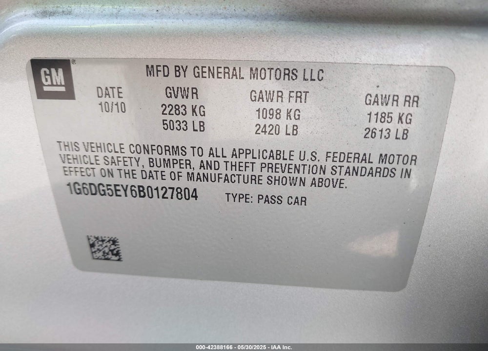 2011 CADILLAC CTS VIN: 1G6DG5EY6B0127804