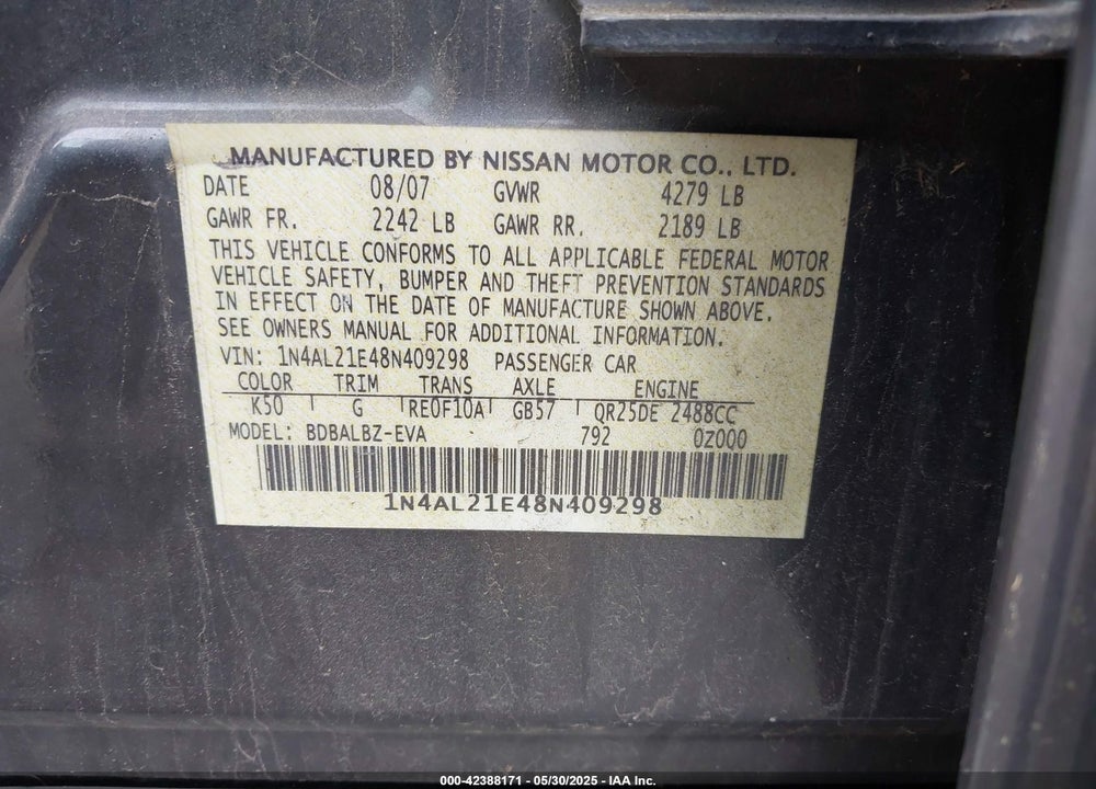 2008 NISSAN ALTIMA 2.5 S VIN: 1N4AL21E48N409298