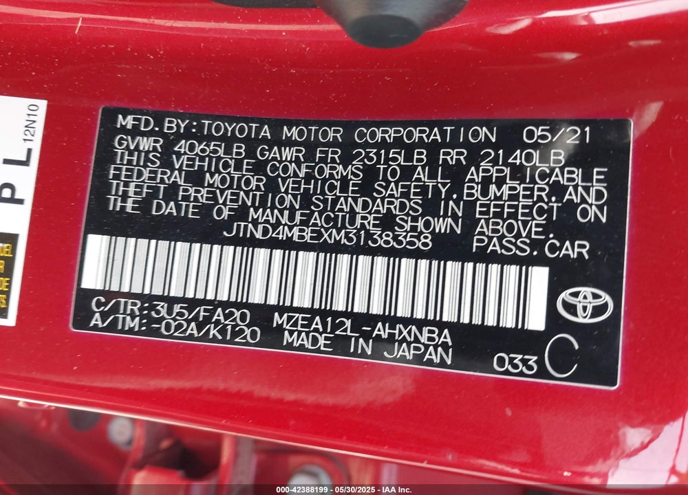 2021 TOYOTA COROLLA SE/XSE/NIGHT SHADE VIN: JTND4MBEXM3138358