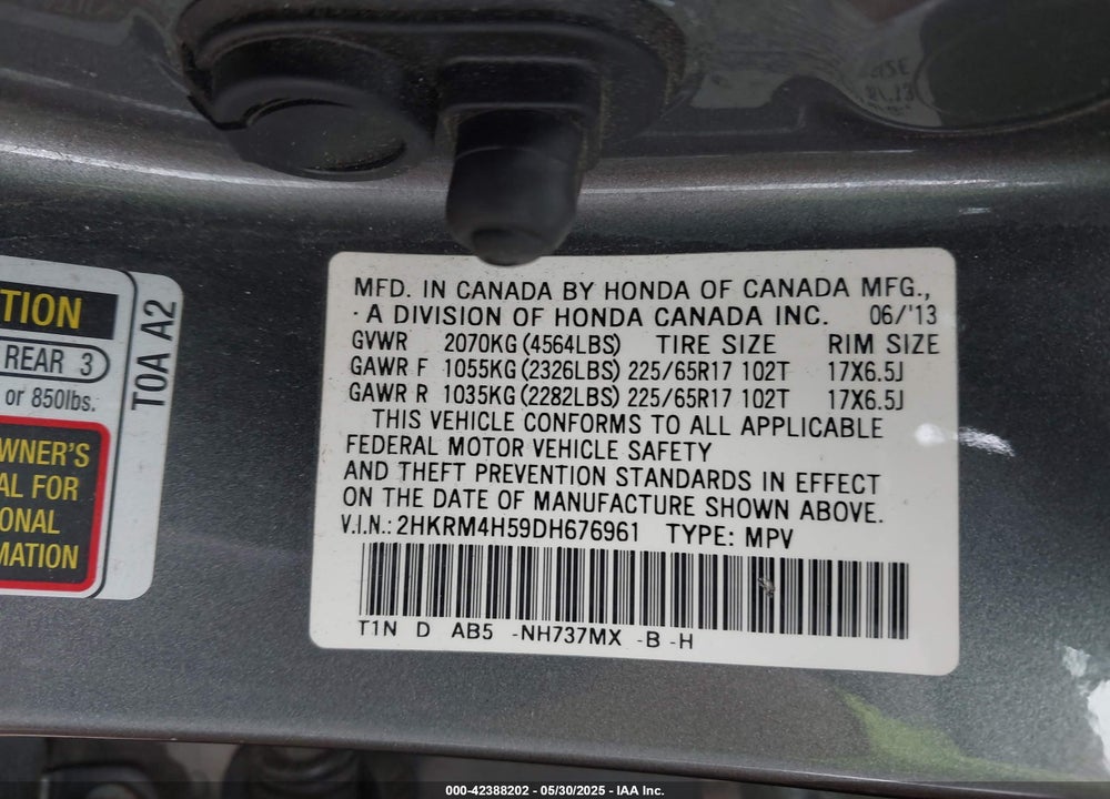 2013 HONDA CR-V EX VIN: 2HKRM4H59DH676961