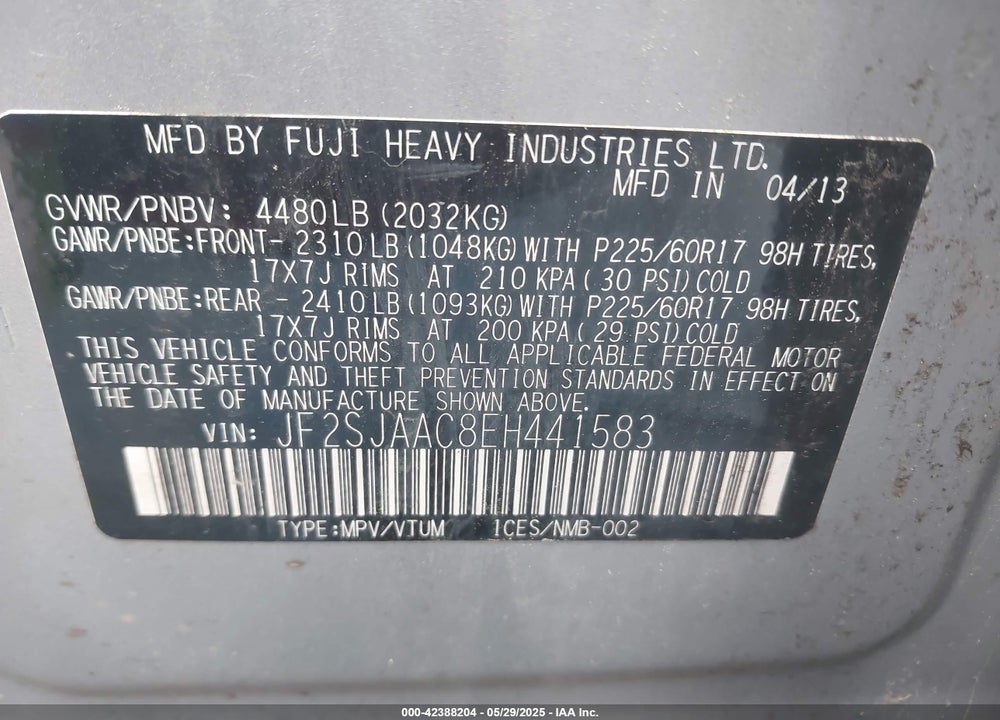 2014 SUBARU FORESTER VIN: JF2SJAAC8EH441583
